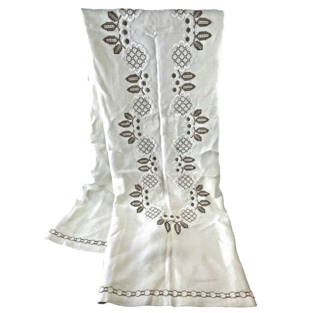 Ivory Table Cloth  W/ Handmade Floral Cross Stitch‎ & Embroidery 35 X 65